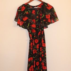 Kimchi Blue Black Floral Ruffled Midi Wrap Dress